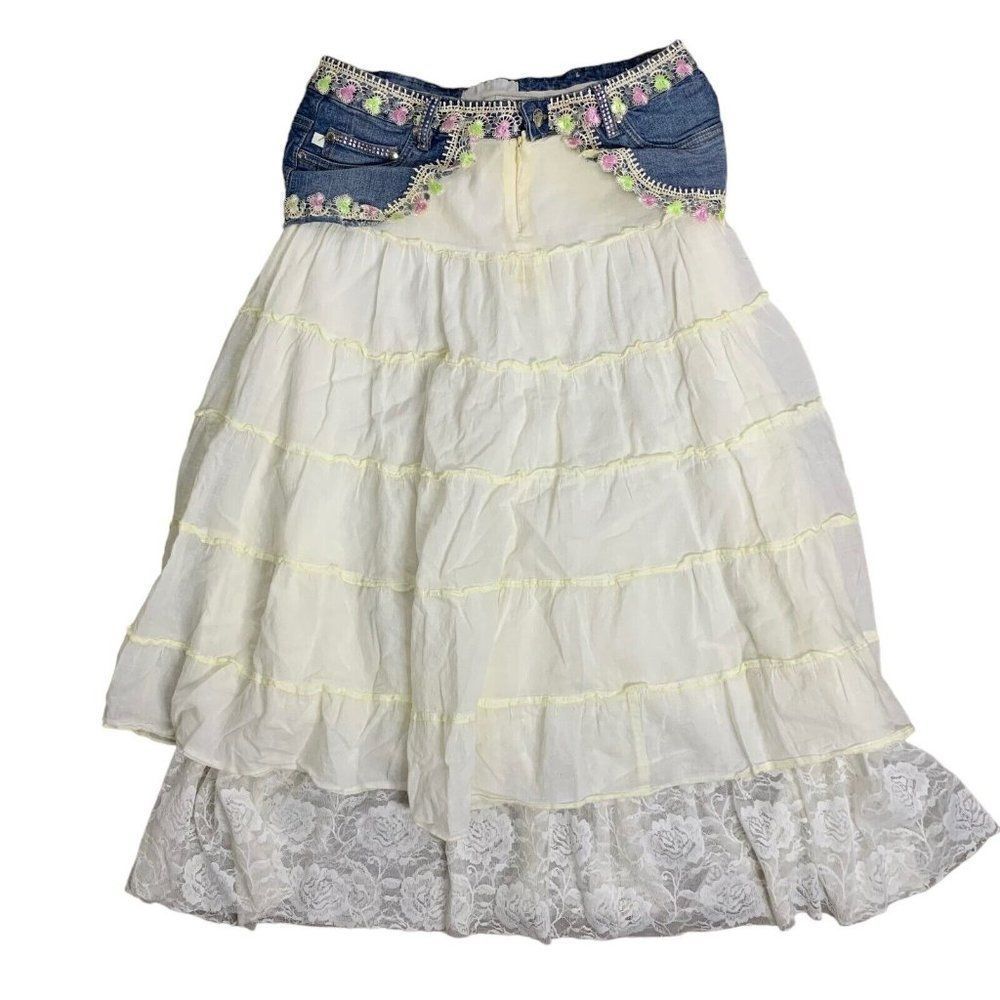 Vintage 90s Embellished Tiered Skirt M Cream Denim Lace Country Prairie Western
